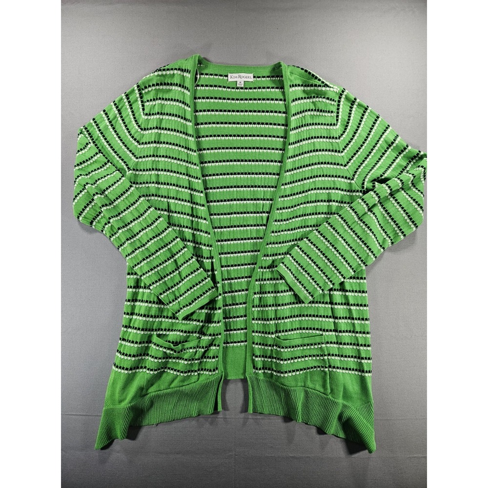 Kim Rogers Striped Cardigan Sweater Women's M Medium Green Navy White Open Front